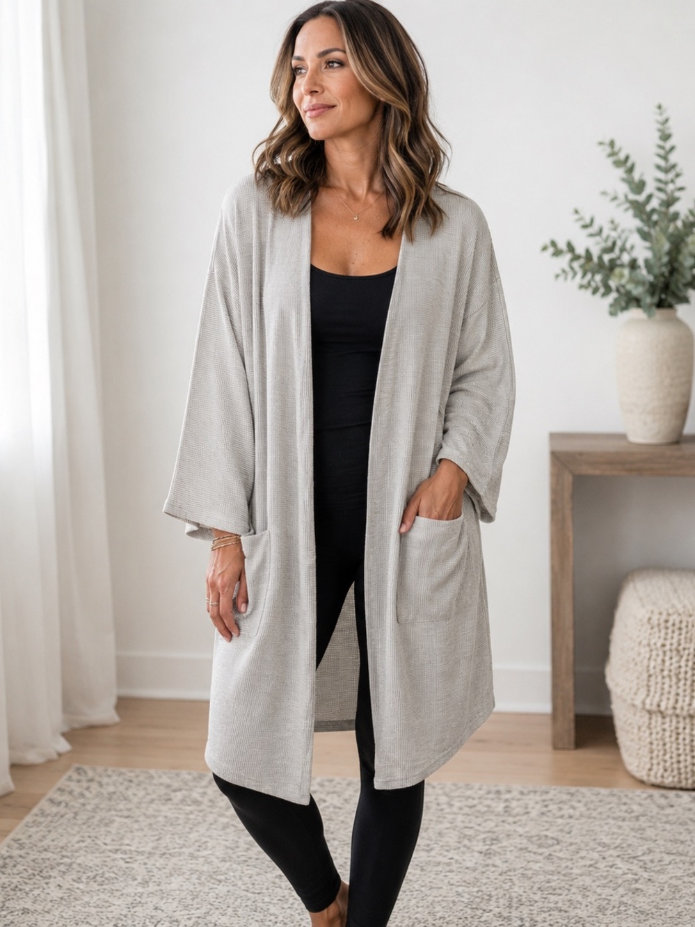 Anthropologie DONNI Light Gray Striped Oversized Longline Cardigan